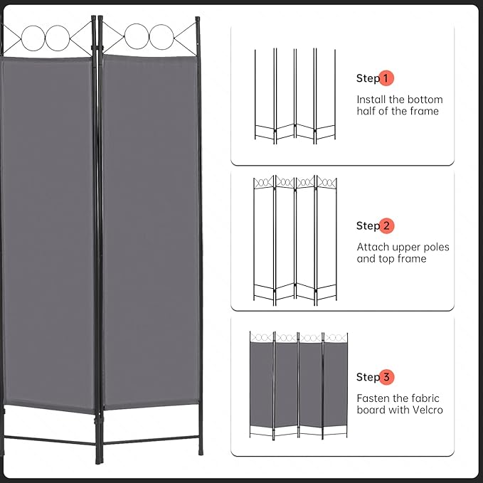 4 Panel Room Divider 6FT Steel Frame Screen Folding Privacy Divider Freestanding Partition for Home Office Bedroom (Grey)