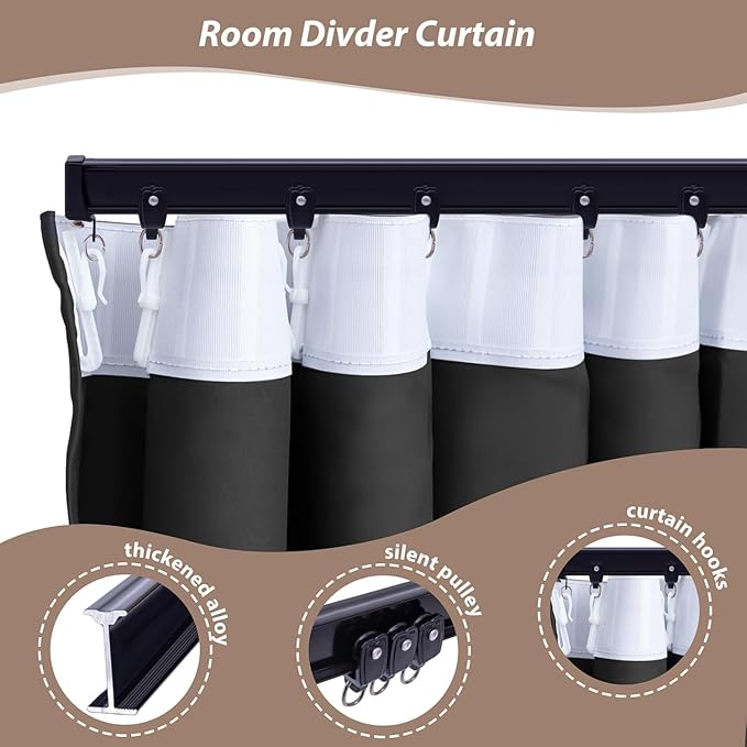 Room Divider Curtains with Ceiling Curtain Track Set Window Curtain for Bedroom,Living Room Total Blackout Thermal Insulated Privacy Ceiling Track Curtain W 6 × H 9 FT Grey drape&Black track