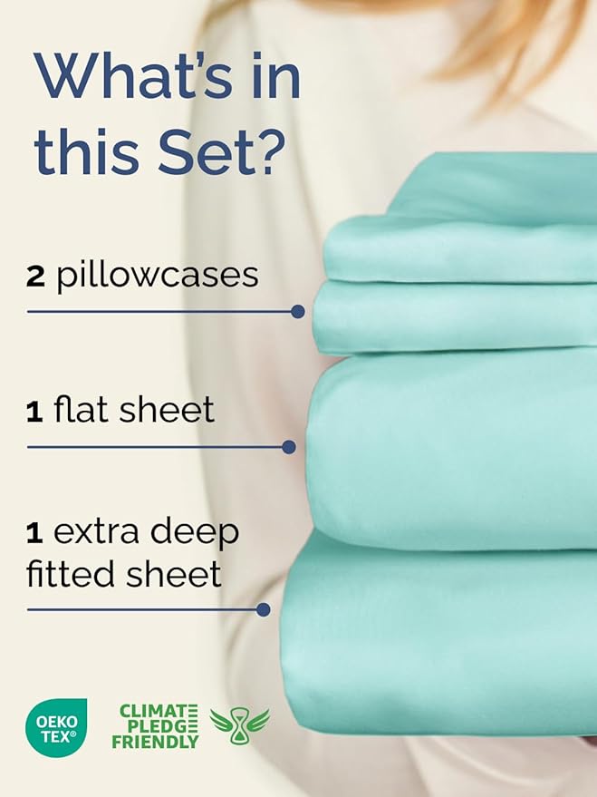 Extra Deep Twin XL Sheet Set - 4 Piece Breathable & Cooling Sheets - Hotel Luxury Bed Sheets Set - Easy & Secure Fit - Soft, Wrinkle Free & Comfy Sheets Set - Spa Blue Sheet Set w/Extra Deep Pockets