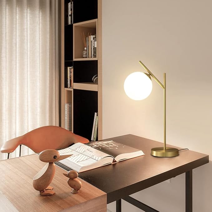 Mid Century Modern Table Lamp, 1 Light Brass Glass Globe Bedside Lamp, Contemporary Metal Table Lamp with Milky White Glass shadefor Bedroom Living Room Study Room