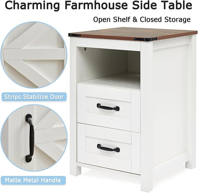 White Rustic Night Stand Set of 2, Farmhouse End Table, Modern Bedside Table with 2 Storage Drawers and Open Shelf, Tall Nightstand for Bedroom
