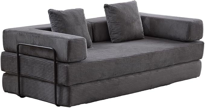 4-in-1 Convertible Folding Sleeper Sofa Bed, Fold Out Floor Sofa Couch with Fixed-Shape Frame, Cloud Corduroy Foldable Mattress Couch for Living Room Bedroom (78.5" Corduroy, Dark Grey)