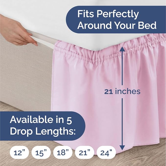 Wrap Around Dust Ruffle Bed Skirt - Light Pink - for Queen Size Beds with 21 Inch Drop - Elastic Strap - Adjustable Pleated Bedskirt with Brushed Fabric and Wrinkle Free - For Women, Men, Kids & Teens