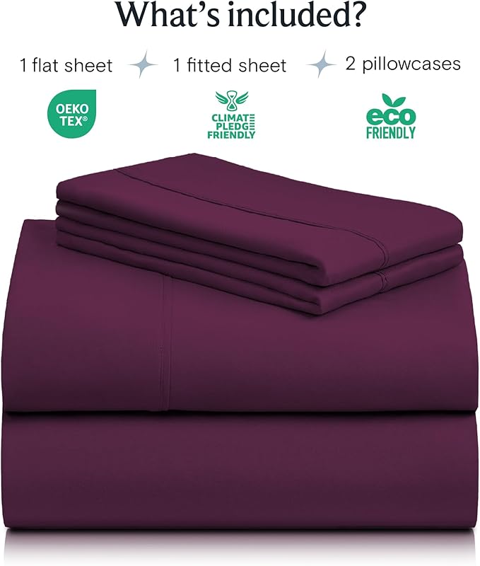 LuxClub 4 PC Full Sheet Set, Deep Pockets Wrinkle Free Cooling Bed Sheets Hotel Bedding for Women, Men, Kids & Teens, Includes 1 Fitted Sheet, 1 Flat Sheet and 2 Pillowcases-Soft Eggplant