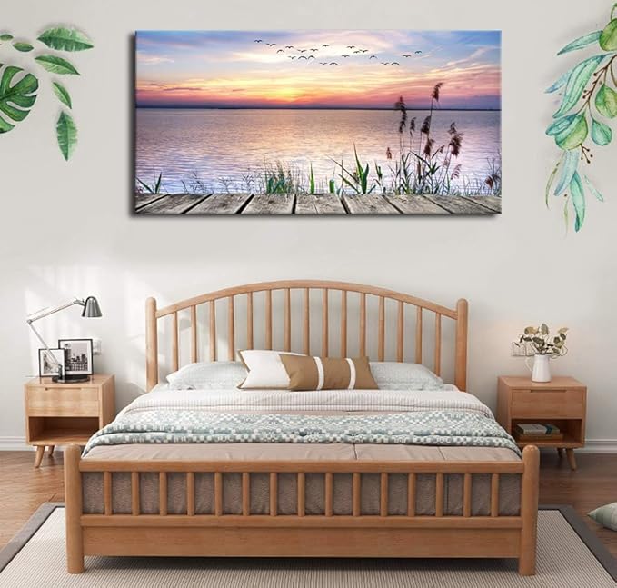 Yearainn Sunset Lake Wall Art - Nature Landscape Canvas Pictures, Wooden Dock Reed Grass Painting Print Flying Birds Artwork for Living Room, Bedroom, Home Office Wall Decoration 29" x 58"