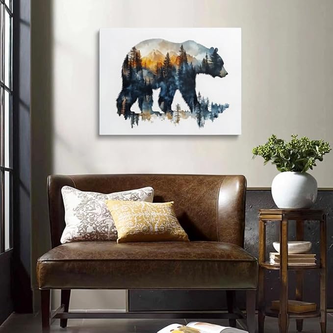 Bear Silhouette Forest Landscape Canvas Wall Art Framed Print Watercolor Painting Nature Wildlife Wall Decor Artwork Poster Sunset Colors Mountain Tree for Living Room Bedroom Office 12x16 Inches
