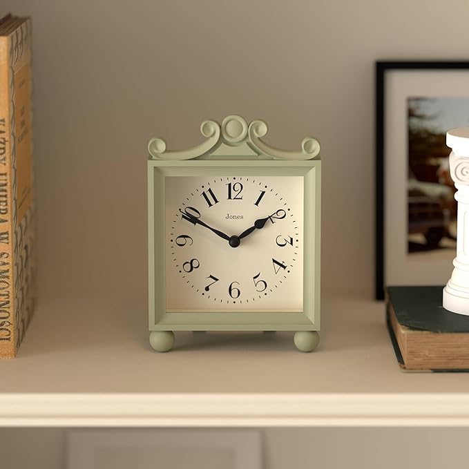 JONES CLOCKS® Parlour Mantel Clock | Classic Carriage Clock | Sage Green | Elegant Square Decorative case, Perfect for Mantel, Shelf, Table or Bedside