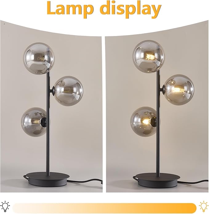 Mid Century Modern Table Lamp, Black 3 Light Reading Lamp with Smoky Grey Glass Shade, Bedside Lamp for Bedroom Living Room Study Room