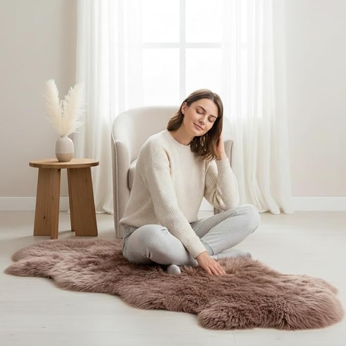 Premium Genuine Sheepskin Rug 2' x 6' Long Fur Soft & Natural Bedside Area Rug, Tan, Double Pelt