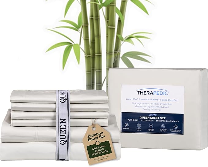 Therapedic 1000TC Queen 6-Piece Sheet Set - 100% Organic Rayon Dervied from Bamboo Blend with Cooling Fiber, Ideal for Hot Sleepers - 16" Deep Pocket Fitted Sheet, Bonus Pillowcases - Ivory
