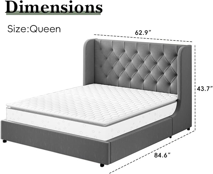 HOMBCK Grey Queen Bed Frame, Velvet Upholstered Platform Bed Frame with Headboard, Curved Wingback Design, Wooden Slats, No Box Spring, Noise Free, Easy Assembly