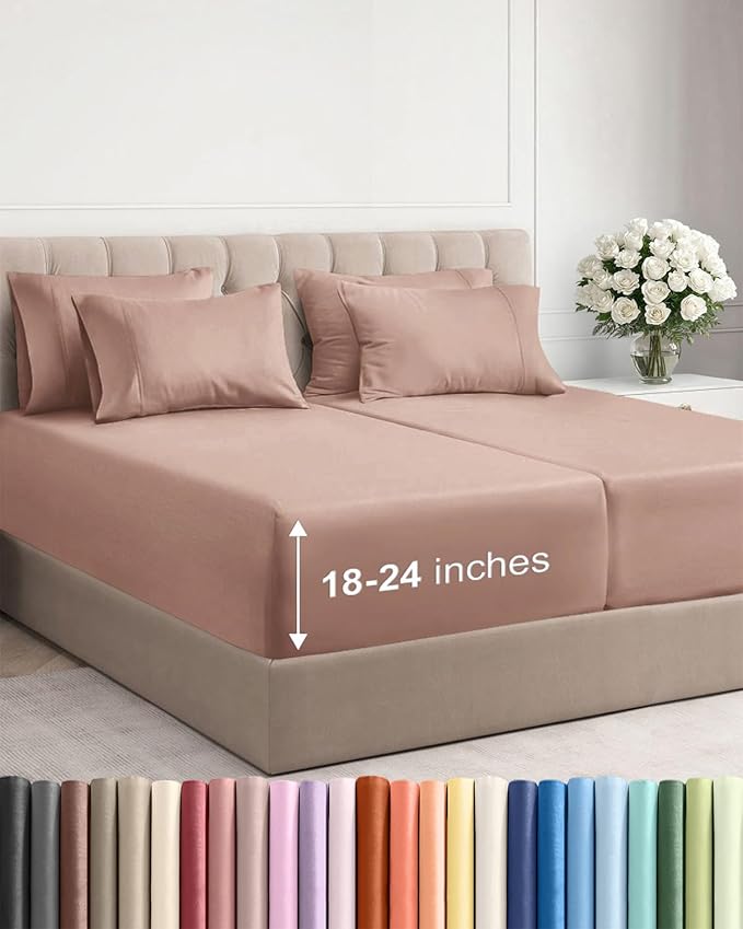 Extra Deep Split King Sheet Set - 7 Piece Breathable & Cooling Sheets - Hotel Luxury Bed Sheets Set - Easy & Secure Fit - Soft, Wrinkle Free & Comfy Sheets Set - Mauve Sheet Set w/Extra Deep Pockets