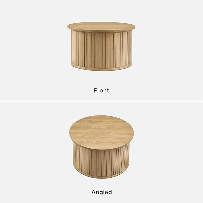 mopio Quin Tambour Round Circle Coffee Table with Storage, Drum Accent, Mid Century Modern, Wood, Fluted Center, Tea Table with Removable Lid, Living Room (Oak)