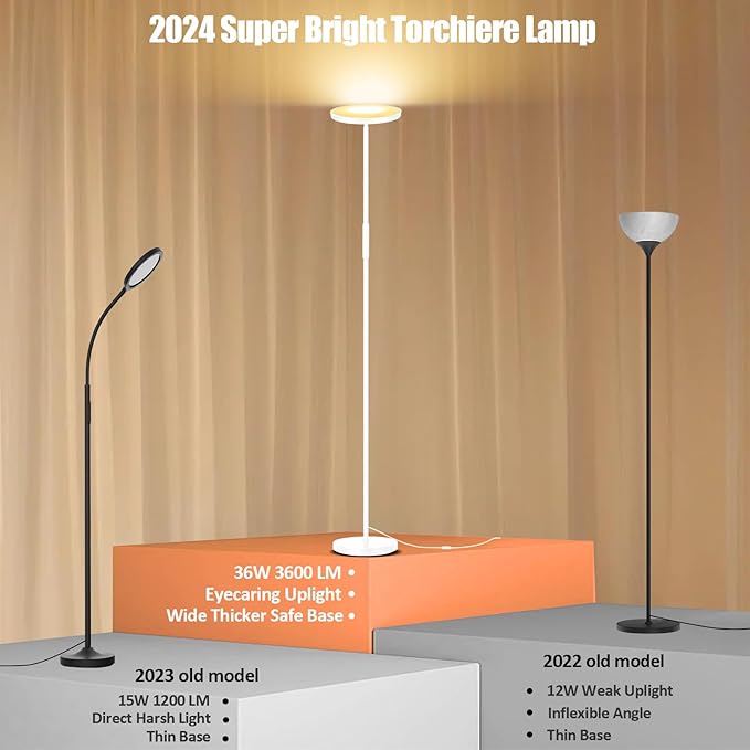 White Floor Lamp, 40W Super Bright Floor Lamps for Living Room Bedroom with Remote & Timer, Torchiere LED Floor Lamp 2700K-6500K Stepless Dimmable, Tall Standing Light Works with Smart Plug