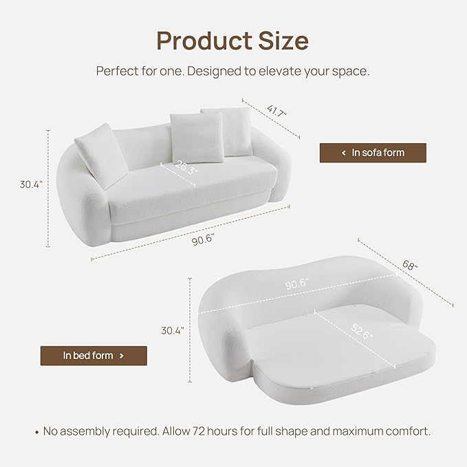 SICOTAS Curved Sofa Couch Bed for Living Room Convertible Futon Cloud Boneless Sleeper Chair Pull Out Floor Couch with Deep Seat Sofa Set Foam No Assembly Required for Bedroom Apartment Office, White
