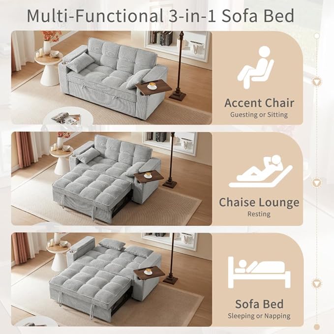 65'' Convertible Sleeper Sofa Bed with Adjustable Backrest, Chaise Lounge, Side Table & USB/Type-C Ports – Stylish & Functional Addition to Any Living Room (Fashion Light Grey)