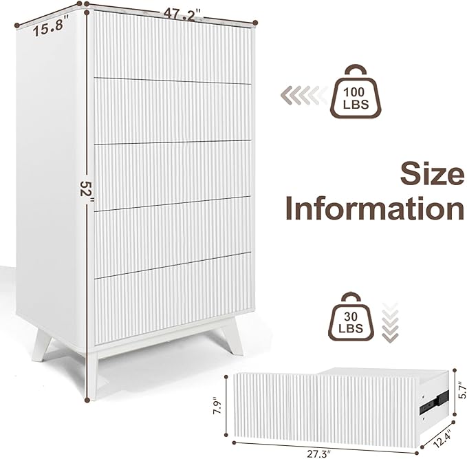 Fluted 5 Drawers Dresser for Bedroom, 47" Tall Handleless Chest of Drawers with Faux Marble Top, Curved Profile Design, Wood Drawer Organizerfor forLiving Room, Hallway, Entryway, White