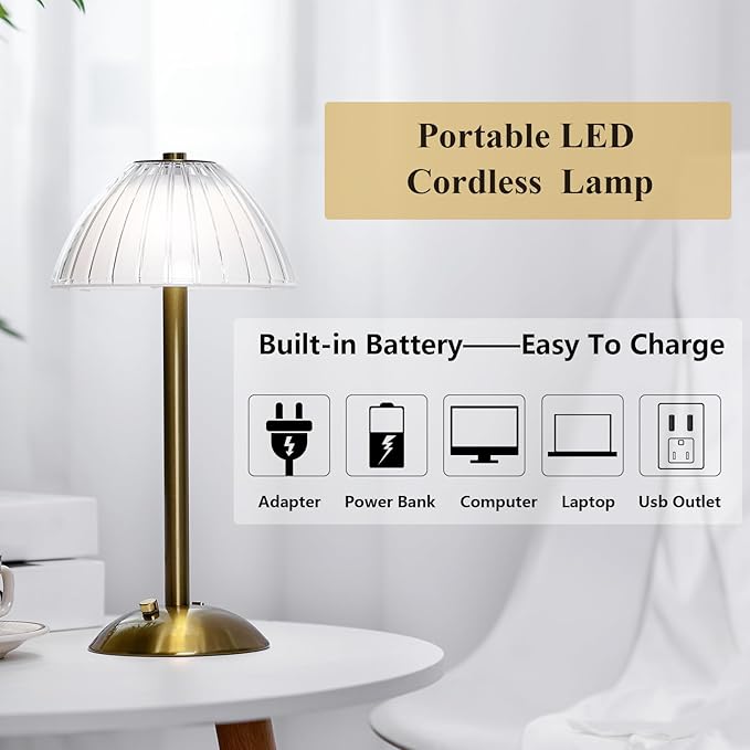 Liliful 8 Pcs Cordless Table Lamp Rechargeable Touch LED Small Gold Portable Battery Operated USB-c Desk Lamp 3 Color Dimmable for Bedroom Living Room Dining (Gold,Mushroom Style)