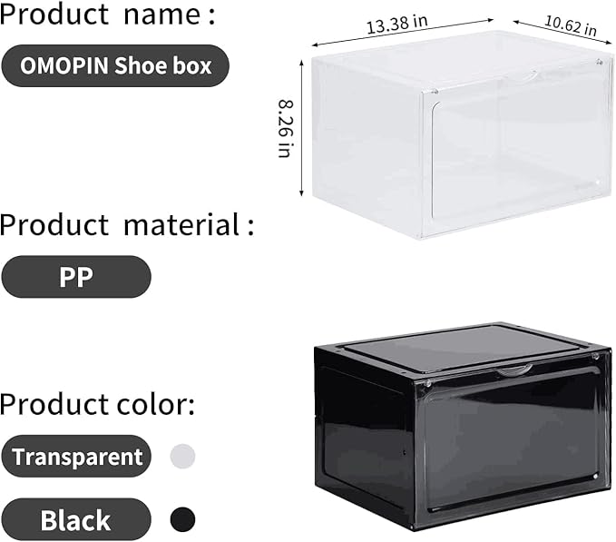 6 Pack XL Shoe Storage Box Organizer,Drop Side Large Shoe Boxes Clear Plastic Stackable Container,Magnetic Sneaker Display Case, Fit up to US 13（13.4”x 10.6”x 8.3”(6 Pack Clear)