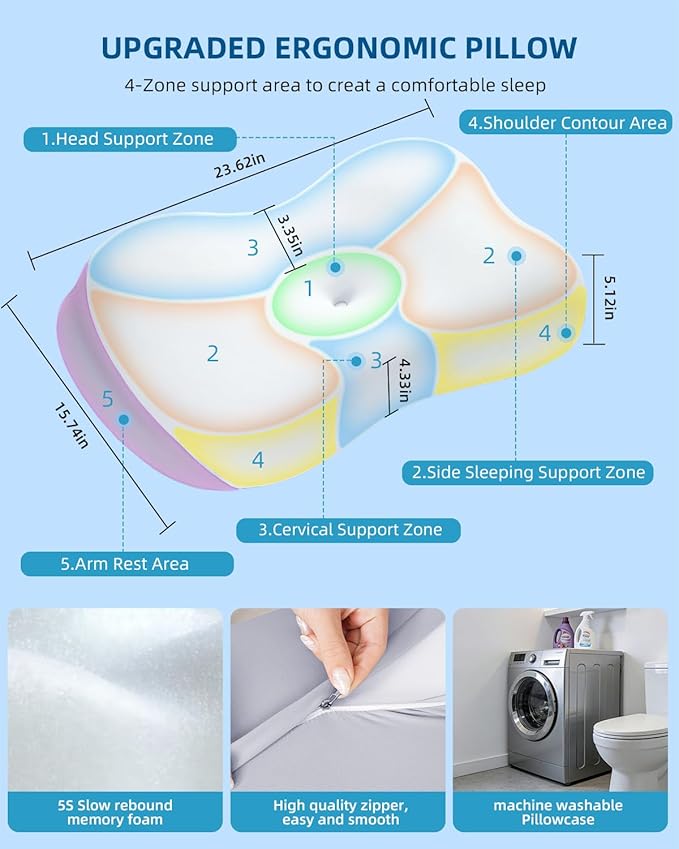 Sleep Pillow Ergonomic Contour Design Cooling Memory Foam Pillows for Neck Support, Side & Back Sleepers White