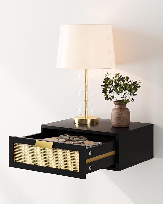 Floating Nightstand, Floating Shelf with Drawer, Wall Mounted Nightstand, Floating Bedside Table (Black Rattan)