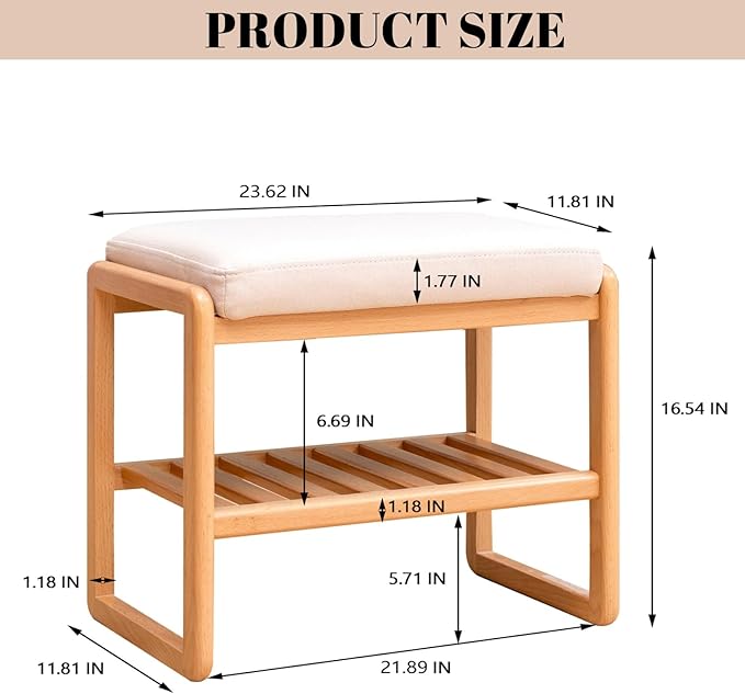 Wood Shoe Bench,2-Tier Storage Bench with Cushion Padded Seat,Entryway Bench with Shoe Storage, Small Bench for Entryway,Living Room