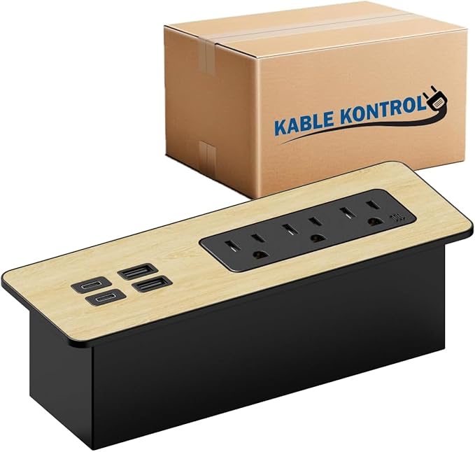 Kable Kontrol Recessed Power Strip Kit with Fast Charging 2 PD65W USB-C Ports, 2 USB-A Ports, 3 Power Desk Outlets, Replaceable Wooden Finish Panel Plate Flush Mount Charging Station Grommet - 20 Pcs