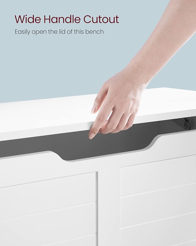 VASAGLE Storage Chest, Storage Bench with 2 Safety Hinges, Farmhouse Style, 15.7 x 31.5 x 18.1 Inches, for Entryway, Bedroom, Living Room, Cloud White ULSB063T14