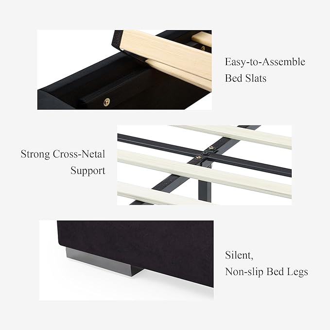 DEINPPA Luxury King Bed Frame with Built-in Gold LED Lights and Nightstands, King Size Platform Bed with Oversize Upholstered Headboard, No Box Spring Needed-Gunmetal Black