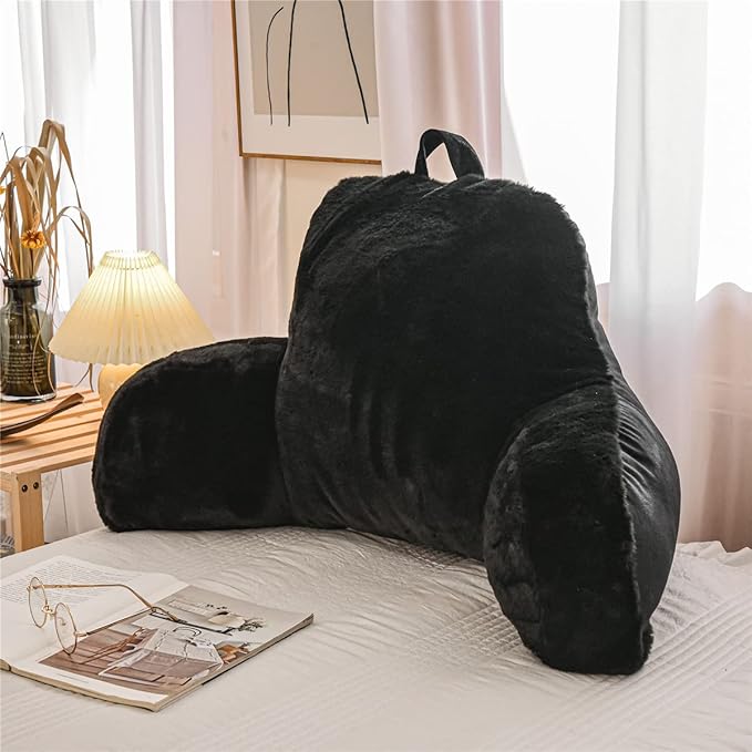 Holawakaka Reading Pillow for Sitting up in Bed Sofa Kids Teens, Backrest Pillow with Arms for Boys Girls Women Petites Pregnancy, Back Support Cushion for Couch Floor Nursery Playroom (Black)