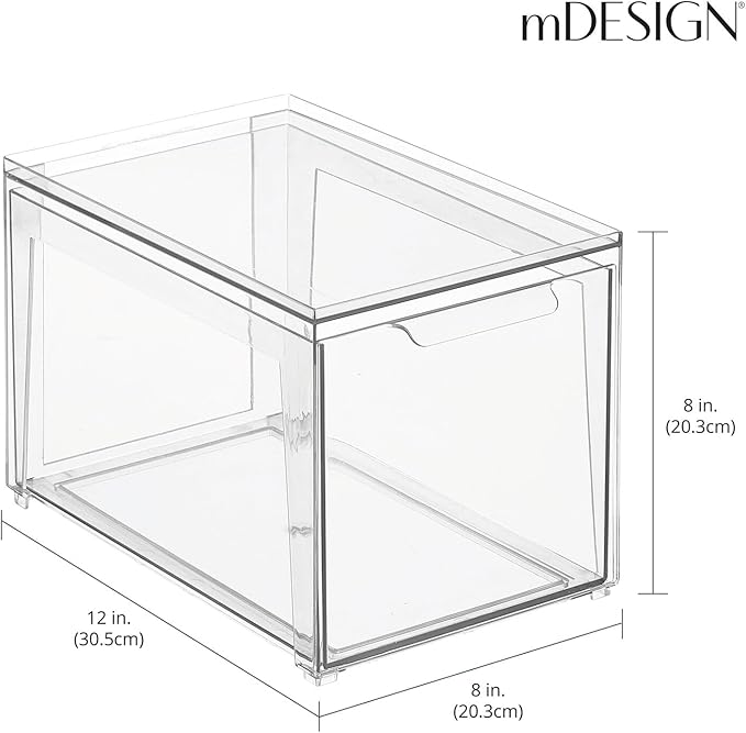 mDesign Plastic Stackable Closet Storage Organizer Bins with Pull Out Drawer for Cabinet, Desk, Shelf, Cupboard, or Dresser Organization - Lumiere Collection - 8 Pack - Clear