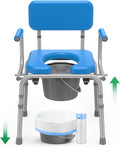 Drop Arm Bedside Commode with Linners, Commode with Padded Seat and Backrest, 500lbs Capacity, 5.81QT Removable Bucket, Adjustable Height Portable Toilet for Adults, Blue