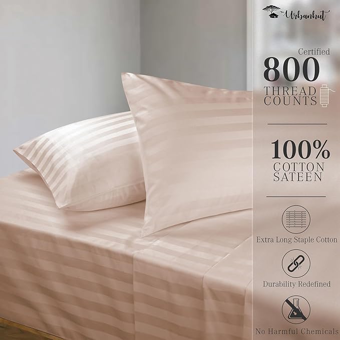 URBANHUT 800 Thread Count 100% Cotton Damask Twin Size Sheets, 4 Piece Striped Twin Size Bedsheets, Luxury Hotel Sheets Sateen Weave - Better Than Egyptian, 14" Elasticized Deep Pocket- Blush Pink