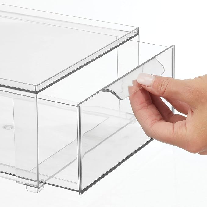 mDesign Plastic Stackable Bathroom Storage Organizer Bin Containers with Front Pull Drawer for Bathroom Countertop, Vanity, Closet Shelves - Holder for Accessories, Lumiere Collection, Set of 3, Clear