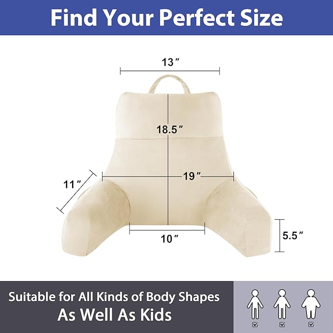 IPYNBAP Back Pillow for Bed Sitting up, Reading Pillow for Sitting in Bed Adult, Back Support Pillow, Memory Foam Sit up Lounge Backrest Pillow with Arms for TV, Couch, Chair, Dorm, 18 Inch, Beige