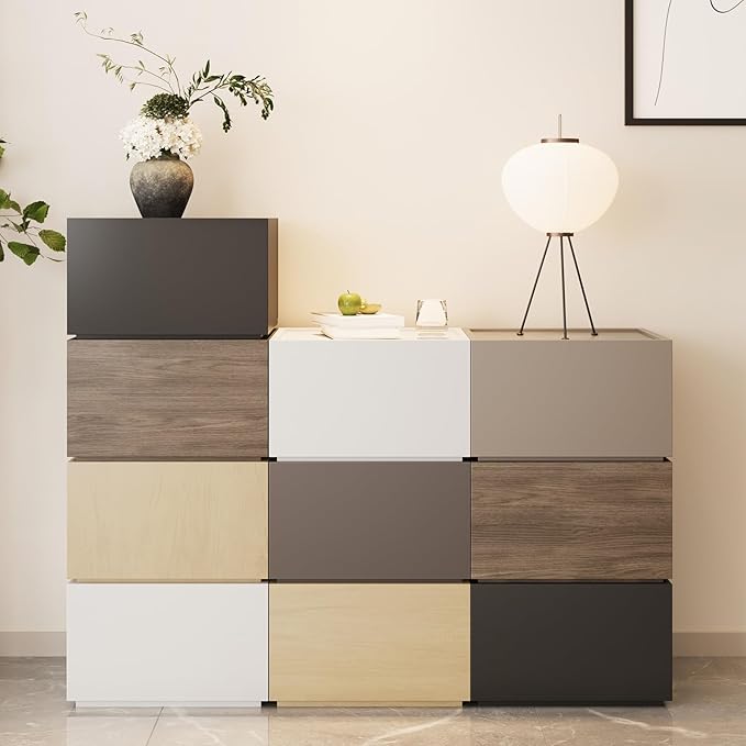 Modular Stackable Drawers, Modern Nightstand Modular Storage Bins - Storage Cabinet, Bedside Table, Sofa End Table for Living Room Hallway Entryway Walnut Small Set 1