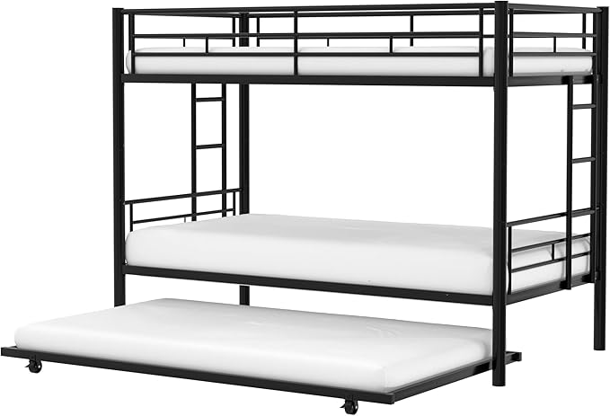 VECELO Bunk Bed Twin Over Twin with Trundle, Metal Bunkbeds with Ladder and Full-Length Guardrail, No Box Spring Needed, Space Saving, Noise Free, Black
