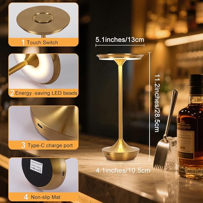 Rechargeable Cordless Table Lamp,Portable Outdoor 6000mAh Battery Operated LED Table Light Touch Control 3 Color Dimmable for Bedroom,Patio,Cofee,Camping,Dining,Restaurant&Livingroom-Gold