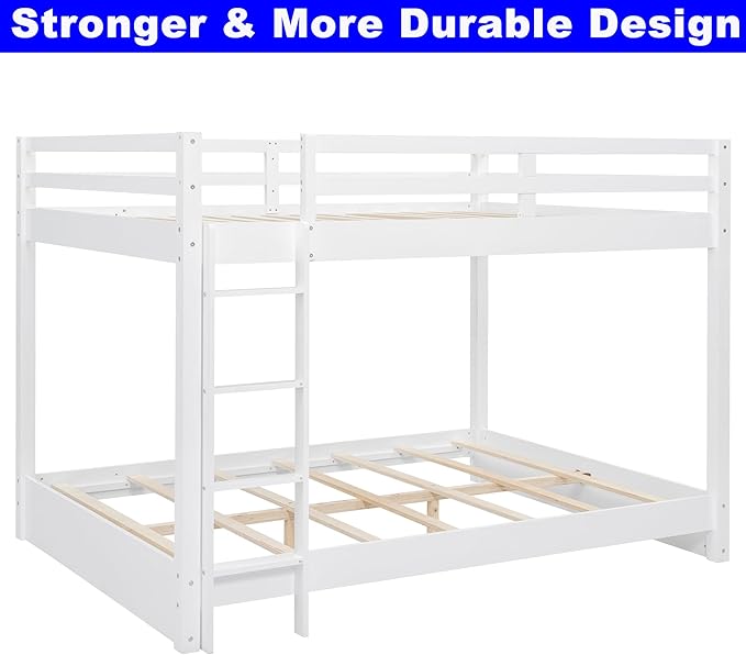 Upgraded Version Thicken Solid Wood Queen Over Queen Bunk Bed, Best Wooden Bunk Bed for Adults, Easy to Assemble (White)