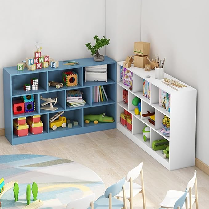 IOTXY Open Shelf Low Bookcase - Wooden 3-Tier Floor Standing Display Cabinet Organizer with Base, 8 Cubes Short Horizontal Bookshelf in Bright Blue