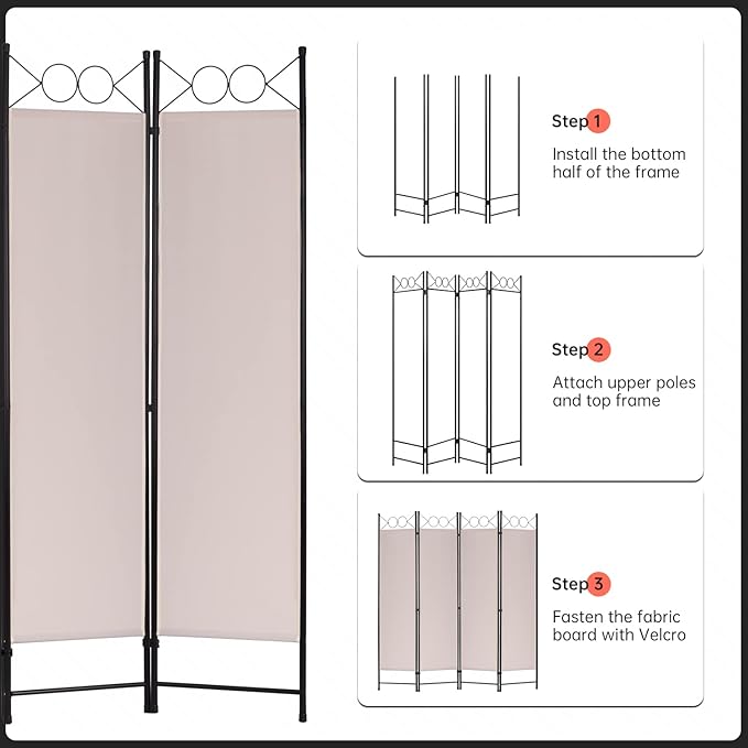 4 Panel Room Divider 6FT Steel Frame Screen Folding Privacy Divider Freestanding Partition for Home Office Bedroom (Tan)
