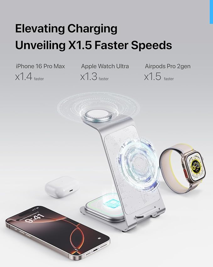 Intoval Aluminum 3 in 1 Wireless Charging Station for iPhone 17 16 15 14 13 12 11 Pro Max XR, Wireless Charger for Apple Watch 11 10 9 8 7 Ultra SE 3 2, Phone Charger for AirPods 4 Pro 2 3 (Silver)