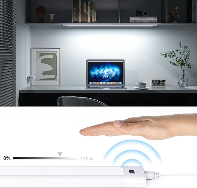WOBANE Under Cabinet Lighting, 24 inch Plug in LED Counter Light Bar, Hand Wave Activated, Touchless Dimmable for Kitchen Cabinet, Shelf, Under Desk, Color Tunable 2700K to 6500K,White Panel,1400LM