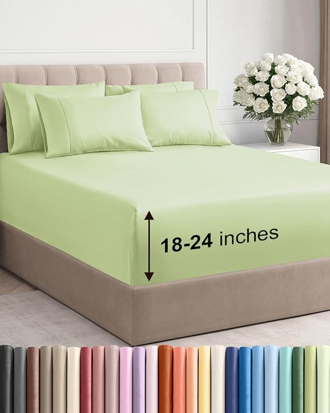 Extra Deep King Sheet Set - 6 Piece Breathable & Cooling Sheets - Hotel Luxury Bed Sheets Set - Easy & Secure Fit - Soft, Wrinkle Free & Comfy Sheets Set - Light Sage Sheet Set with Extra Deep Pockets