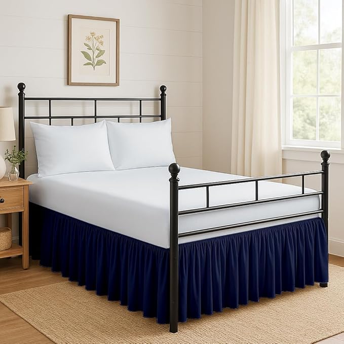 Ruffled Bed Skirt Split Corners with Platform, Tailored Fit Hotel Quality Wrinkle Free Ultra-Soft Microfiber Dust Ruffle, Upto 28 Inch Drop, Queen, Navy Blue