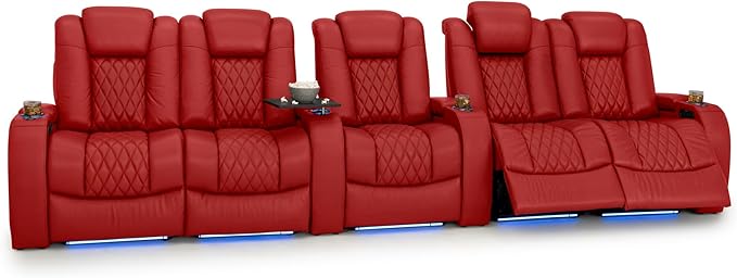 Seatcraft Diamante Zero-Gravity CoolZero Italian Leather Home Theater Seating, Power Headrest, Power Recline, Row of 5 Dual Loveseats, Red