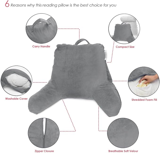 Nestl Reading Pillow for Kids & Teens with Shredded Memory Foam, Backrest Pillows for Reading, Watching, and Gaming, Use on The Couch, Bed, or Floor, Adjustable Support with Washable Cover Grey