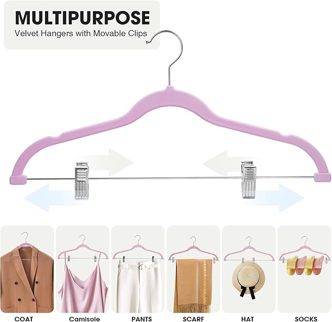 24-Pack Purple Velvet Hangers with Clips Adjustable,Adult Hangers,Heavy-Duty,Felt,Non-Slip,Space Saving,Slim Outfit Hanger for Pants, Skirts, Suits,Coats, Dresses ect.