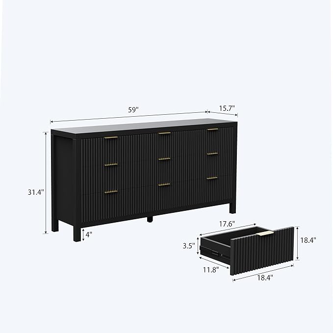 Modern Chest of Drawers with 9 Drawers, Modern Chest of Drawers for Closet, Large Storage Cabinet with Solid Natural Wood Legs for Living Room, Bedroom,Hallway, Black Oak