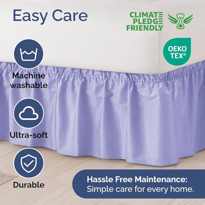 Wrap Around Dust Ruffle Bed Skirt - Lavender - for Queen Size Beds with 24 Inch Drop - Elastic Strap - Adjustable Pleated Bedskirt with Brushed Fabric and Wrinkle Free - for Women, Men, Kids & Teens